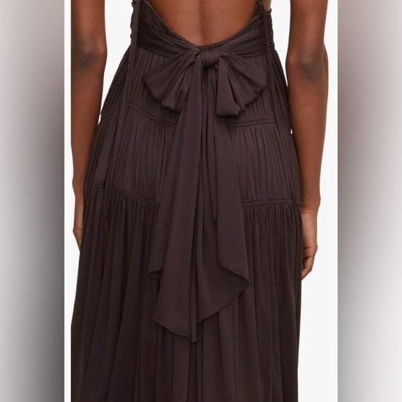 Rebecca Taylor NWT Sz 6 Ruched Mesh Maxi Dress with Adjustable Tie Waist- Walnut - Picture 4 of 5
